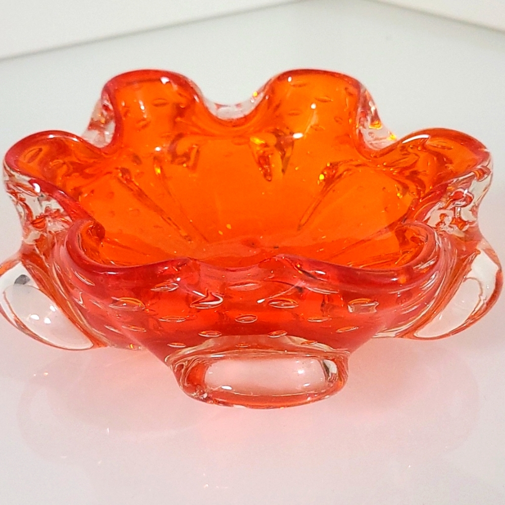 🚀 Orange Vintage Mid Century Art Glass Trinket Dish / Ashtray Bullicante Murano